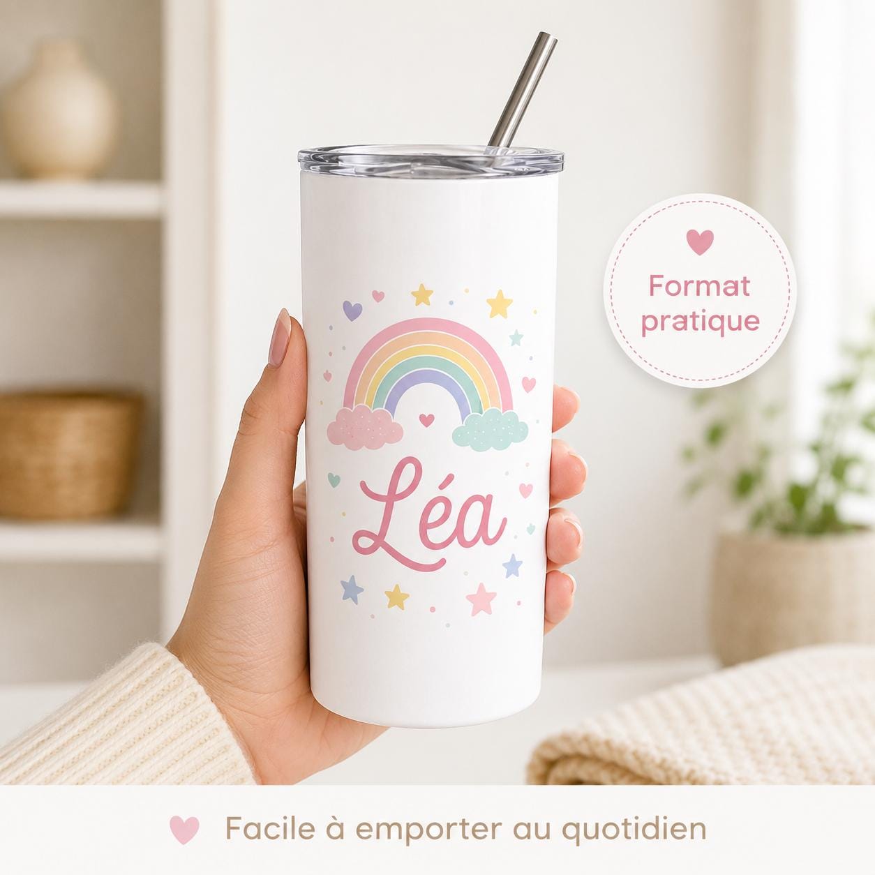 Gourde personnalisée enfant avec prénom, isotherme 591 ml et paille