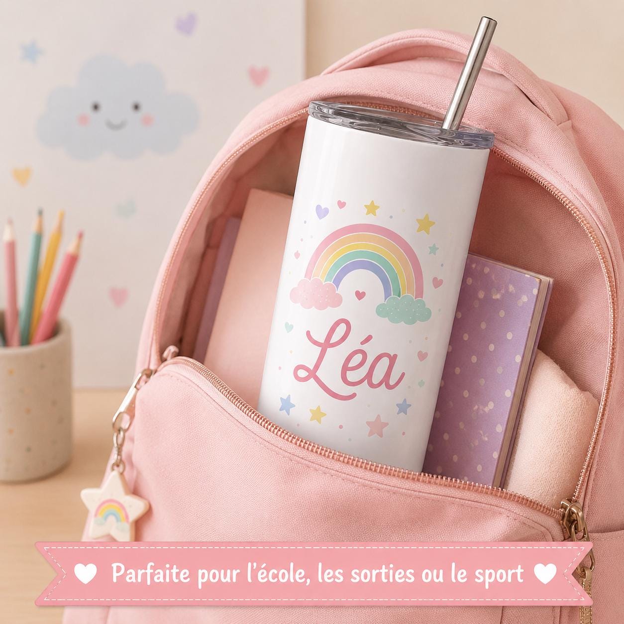 Gourde personnalisée enfant avec prénom, isotherme 591 ml et paille