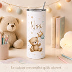 Gourde personnalisée enfant avec prénom – modèle nounours, isotherme 591 ml avec paille