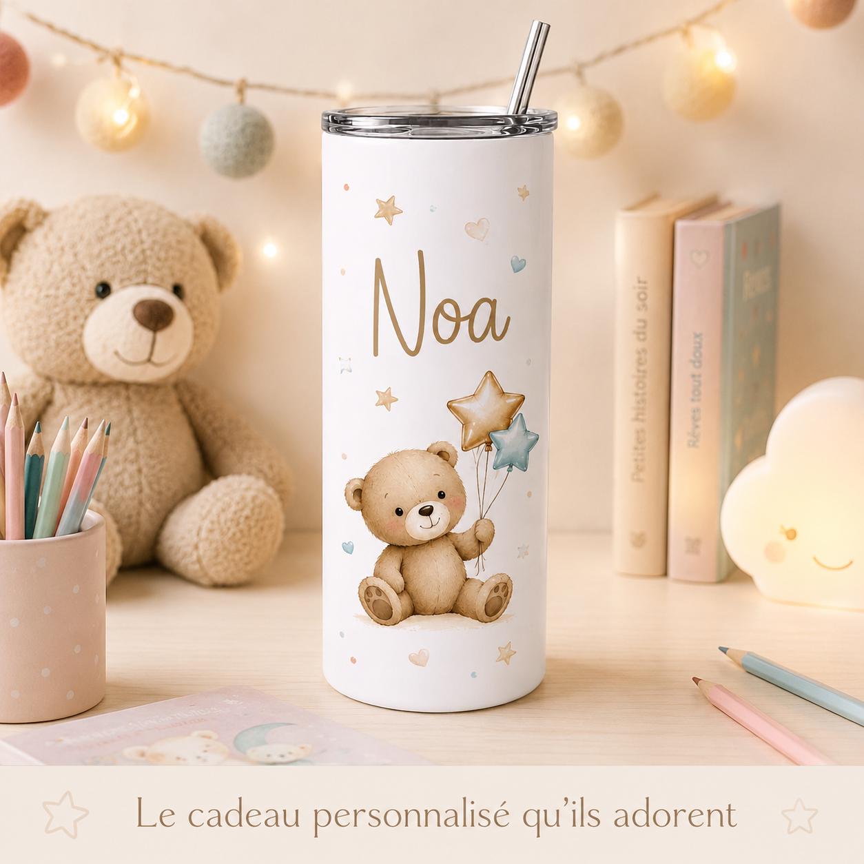 Gourde personnalisée enfant avec prénom – modèle nounours, isotherme 591 ml avec paille