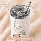 Gourde personnalisée enfant avec prénom – modèle nounours, isotherme 591 ml avec paille