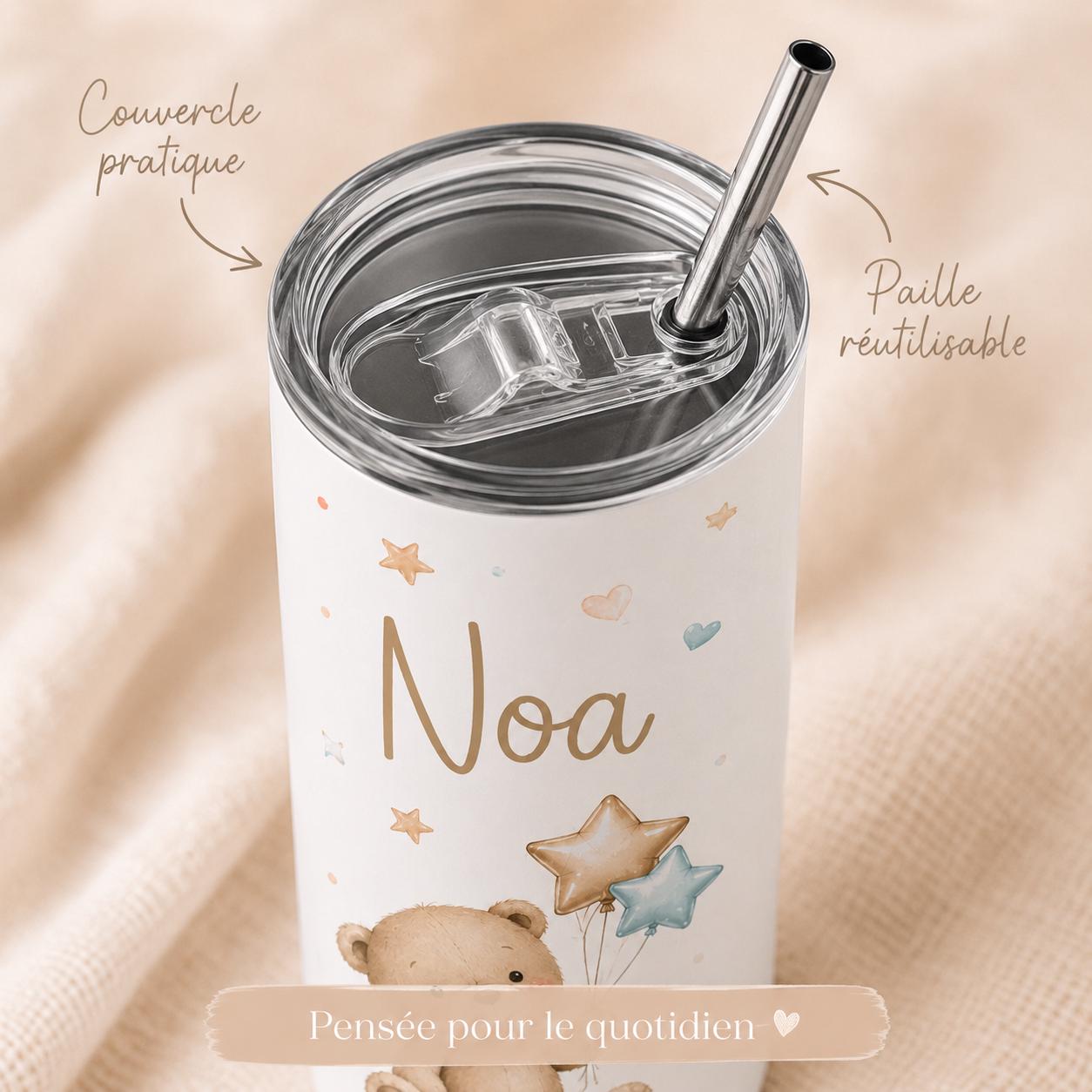 Gourde personnalisée enfant avec prénom – modèle nounours, isotherme 591 ml avec paille
