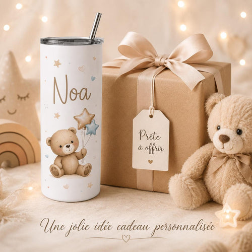 Gourde personnalisée enfant avec prénom – modèle nounours, isotherme 591 ml avec paille