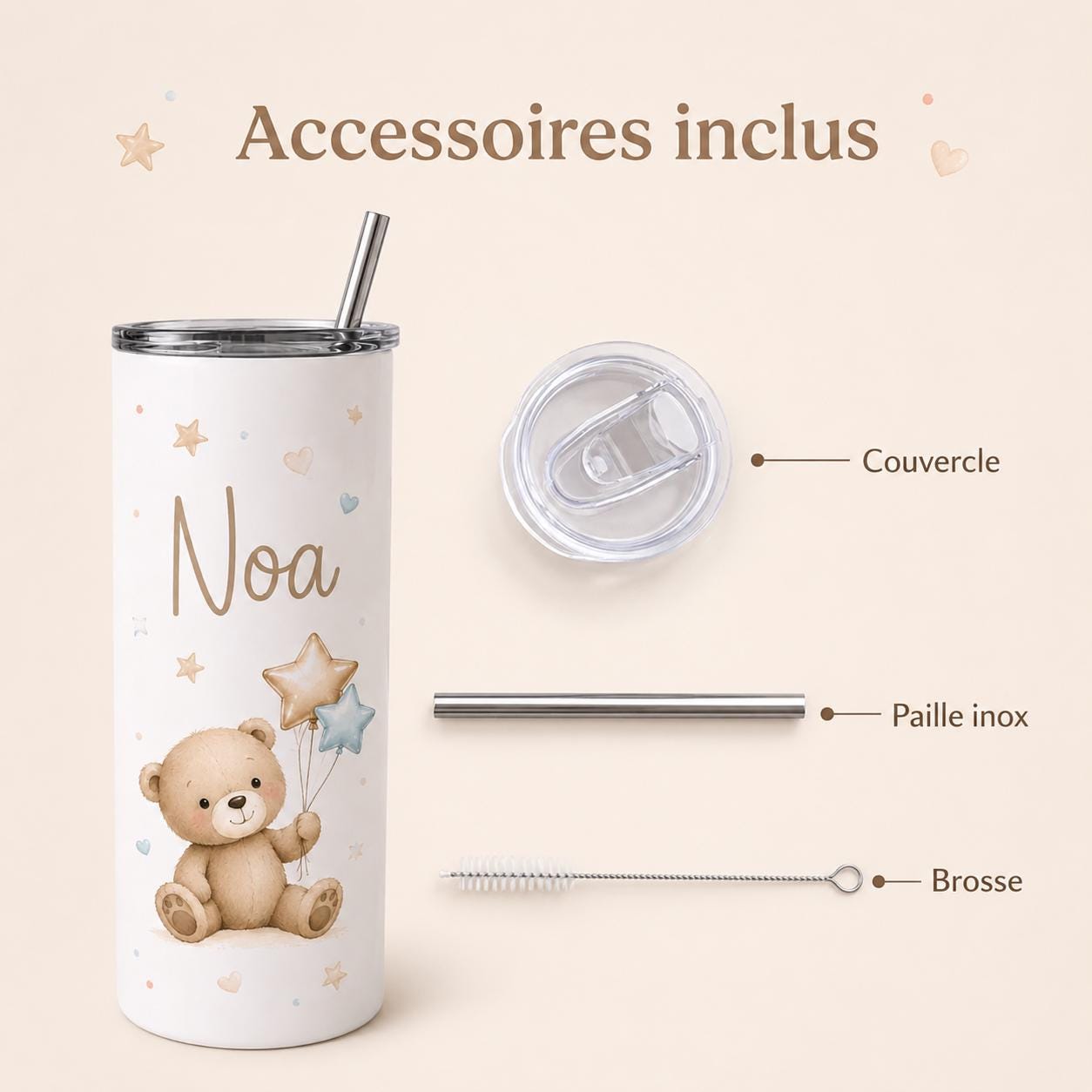 Gourde personnalisée enfant avec prénom – modèle nounours, isotherme 591 ml avec paille