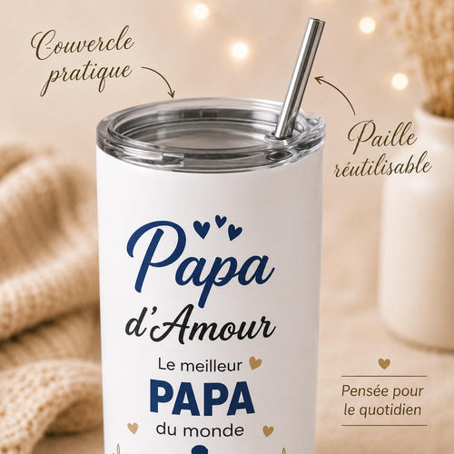 Gourde personnalisée papa avec prénom et date – cadeau fête des pères, bouteille isotherme 591 ml avec paille