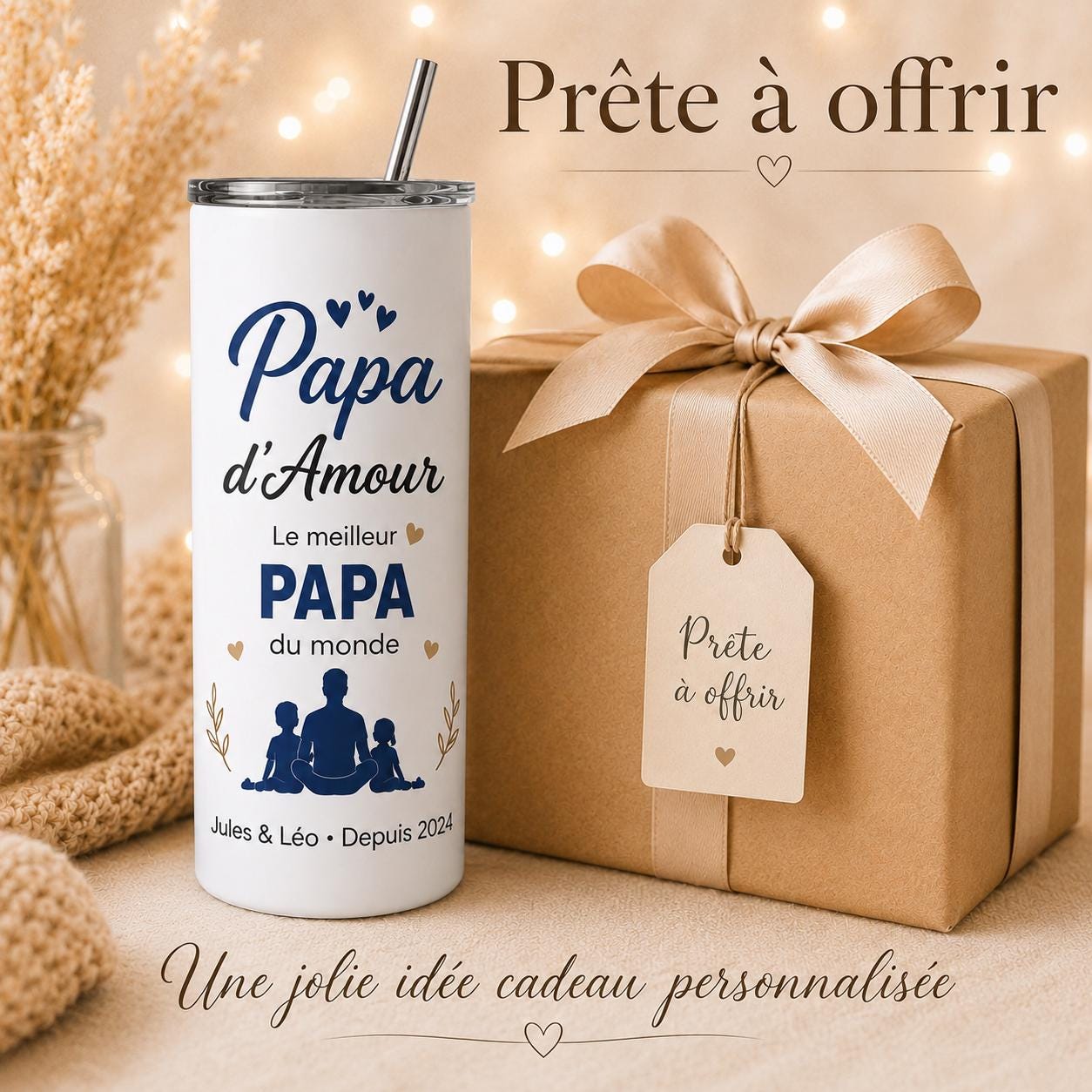 Gourde personnalisée papa avec prénom et date – cadeau fête des pères, bouteille isotherme 591 ml avec paille