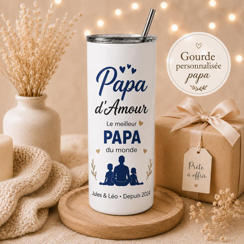Gourde personnalisée papa avec prénom et date – cadeau fête des pères, bouteille isotherme 591 ml avec paille