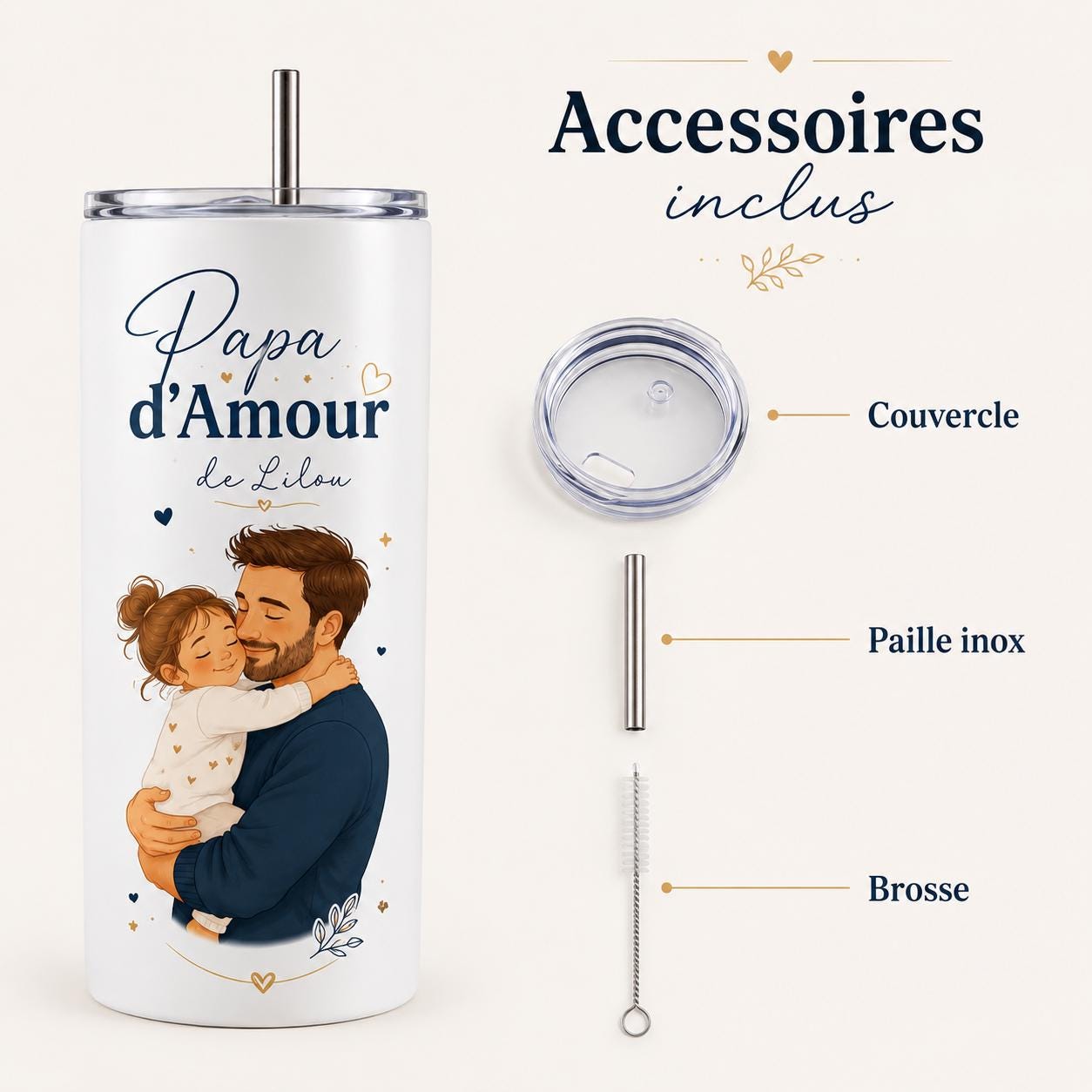 Gourde Papa Personnalisée avec Photo, Prénom et Texte, Cadeau Fête des Pères, Gourde Isotherme 591 ml avec Paille
