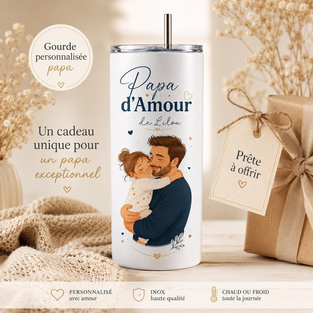 Gourde Papa Personnalisée avec Photo, Prénom et Texte, Cadeau Fête des Pères, Gourde Isotherme 591 ml avec Paille