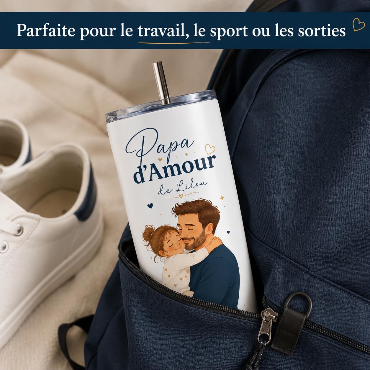 Gourde Papa Personnalisée avec Photo, Prénom et Texte, Cadeau Fête des Pères, Gourde Isotherme 591 ml avec Paille
