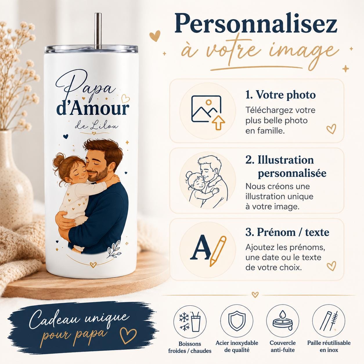 Gourde Papa Personnalisée avec Photo, Prénom et Texte, Cadeau Fête des Pères, Gourde Isotherme 591 ml avec Paille