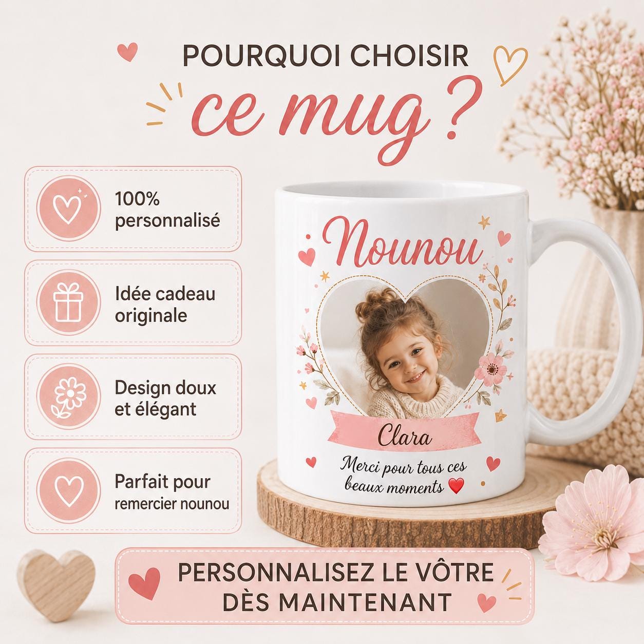 Mug nounou personnalisé avec photo et prénom – Tasse en céramique 325 ml