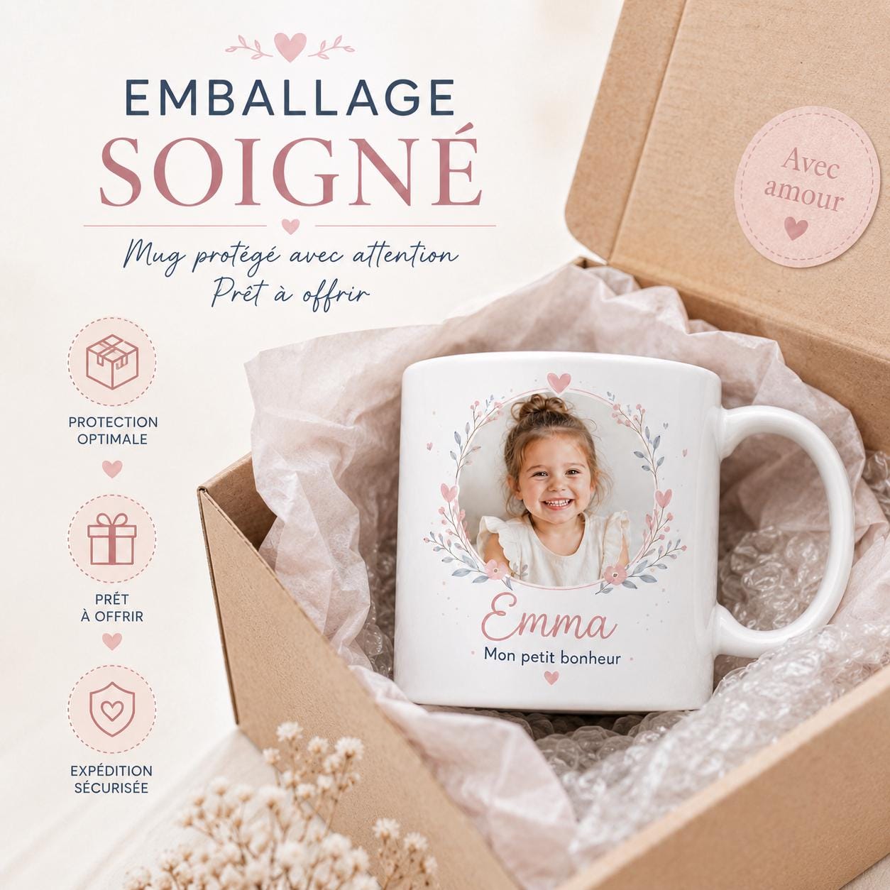 Mug personnalisé photo enfant, prénom et texte – Tasse cadeau famille, maman, papa, mamie ou papi