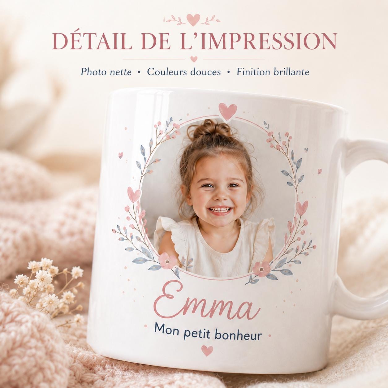 Mug personnalisé photo enfant, prénom et texte – Tasse cadeau famille, maman, papa, mamie ou papi