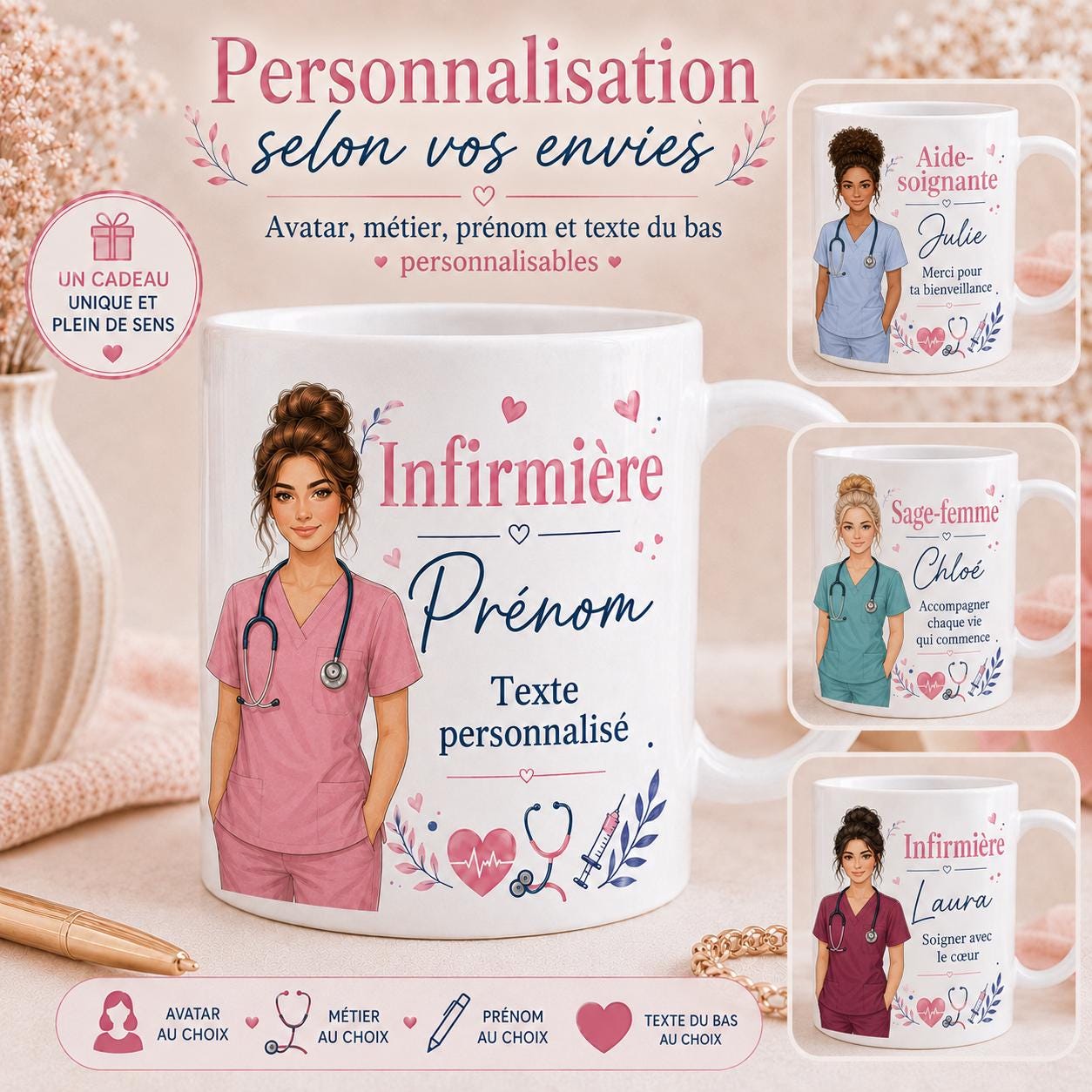 Mug infirmière personnalisé avec avatar et prénom – Cadeau soignante, collègue ou diplômée