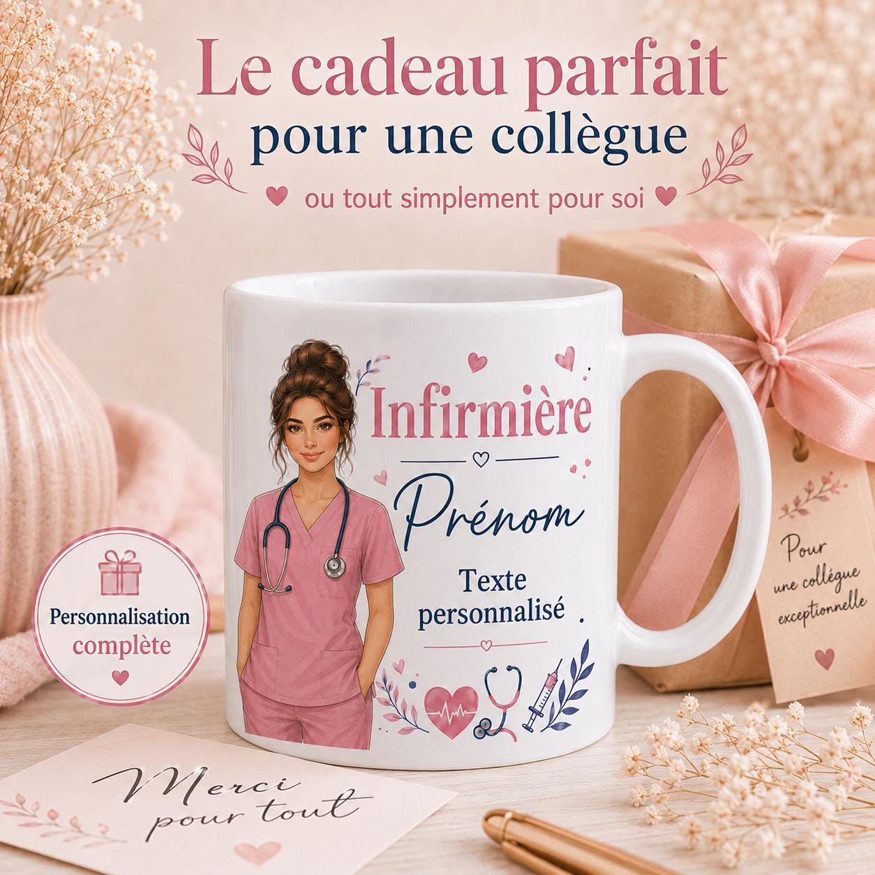 Mug infirmière personnalisé avec avatar et prénom – Cadeau soignante, collègue ou diplômée