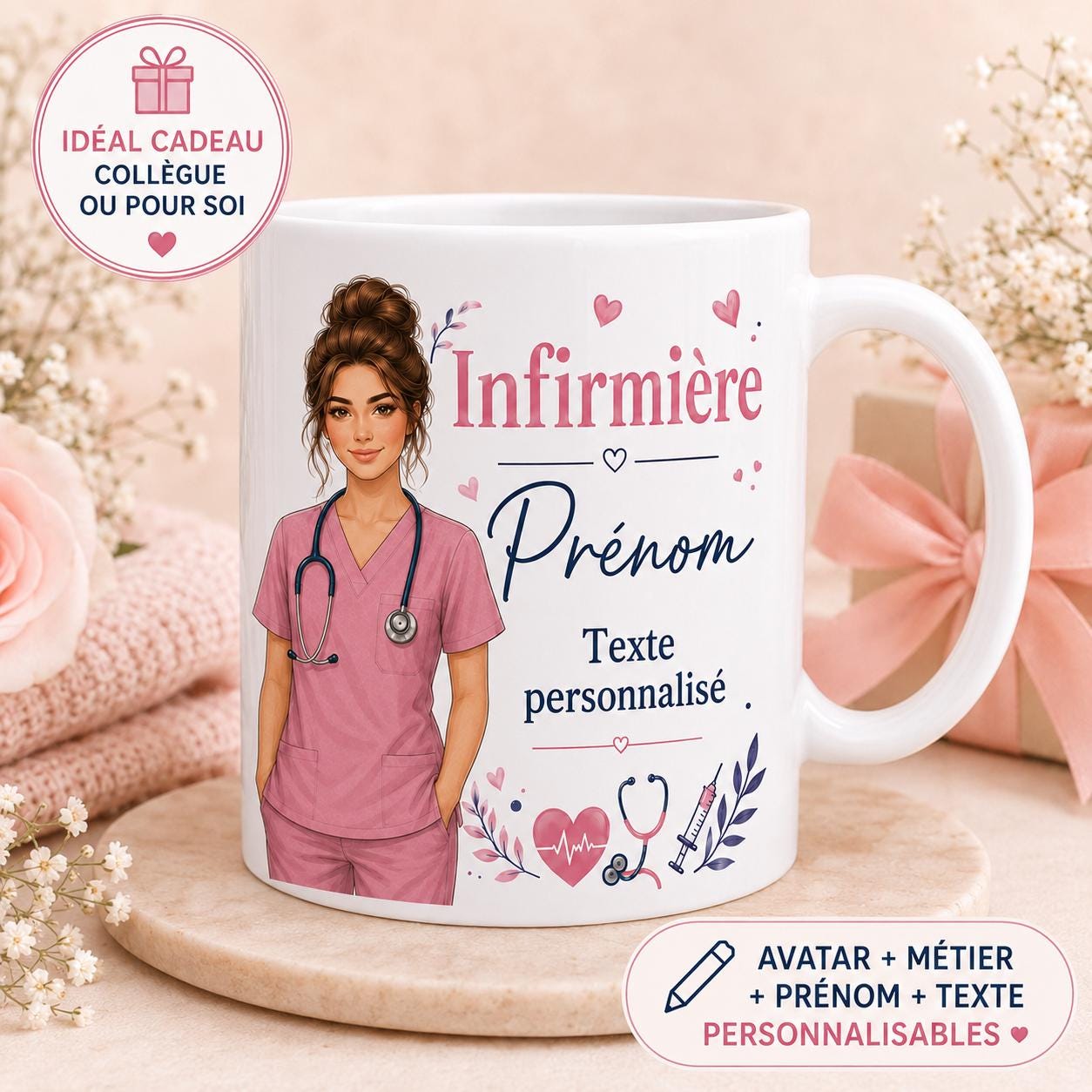 Mug infirmière personnalisé avec avatar et prénom – Cadeau soignante, collègue ou diplômée