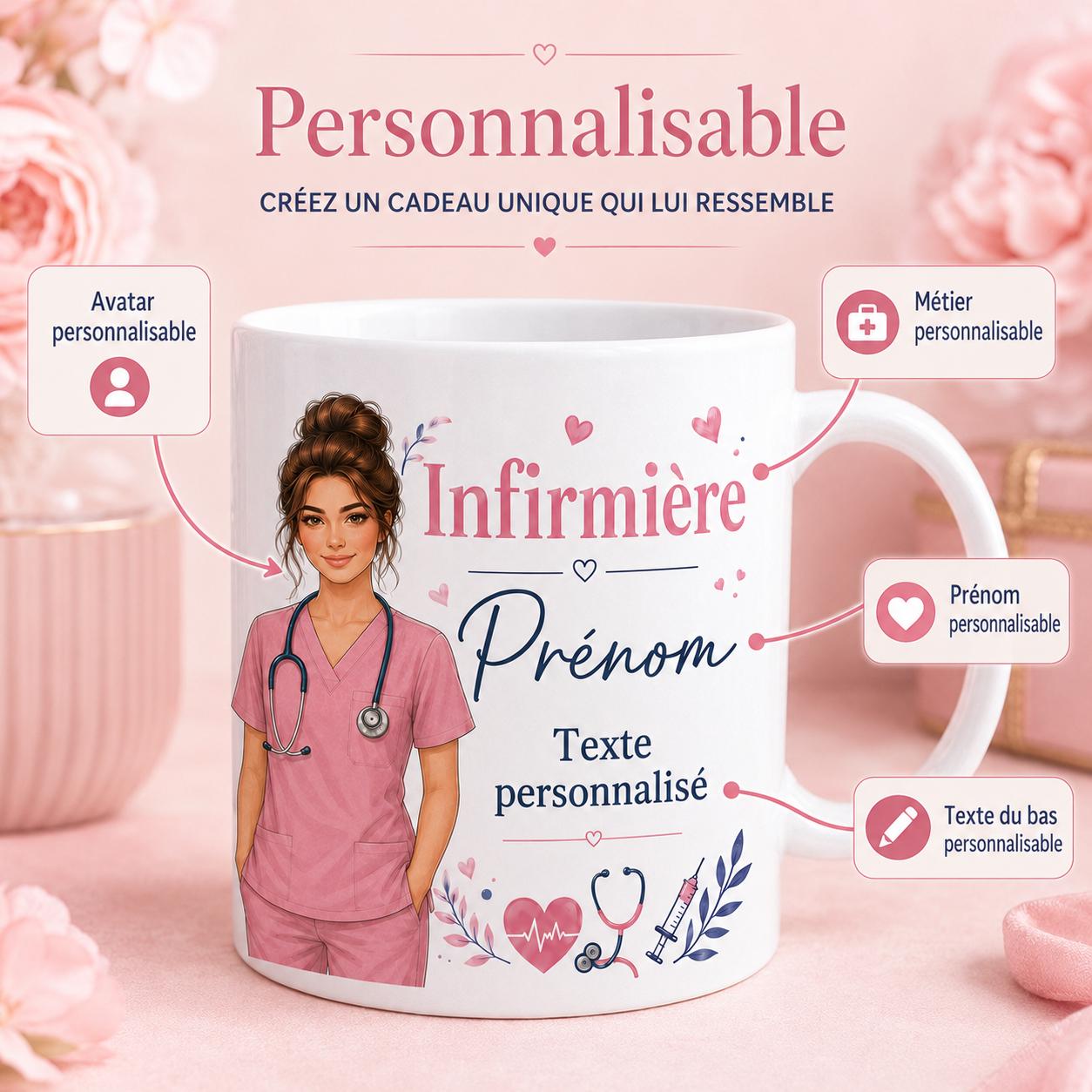 Mug infirmière personnalisé avec avatar et prénom – Cadeau soignante, collègue ou diplômée