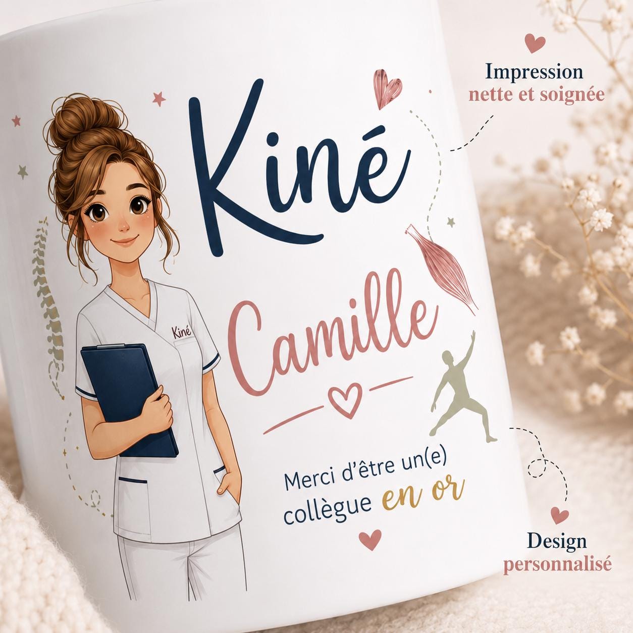 Mug kiné personnalisé avec avatar et prénom – Cadeau kinésithérapeute, collègue ou diplômé