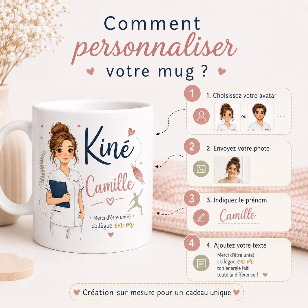 Mug kiné personnalisé avec avatar et prénom – Cadeau kinésithérapeute, collègue ou diplômé