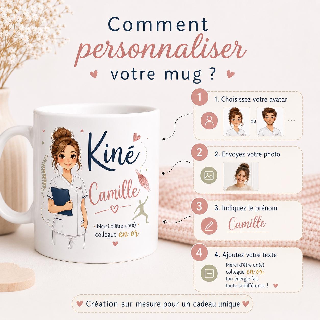 Mug kiné personnalisé avec avatar et prénom – Cadeau kinésithérapeute, collègue ou diplômé