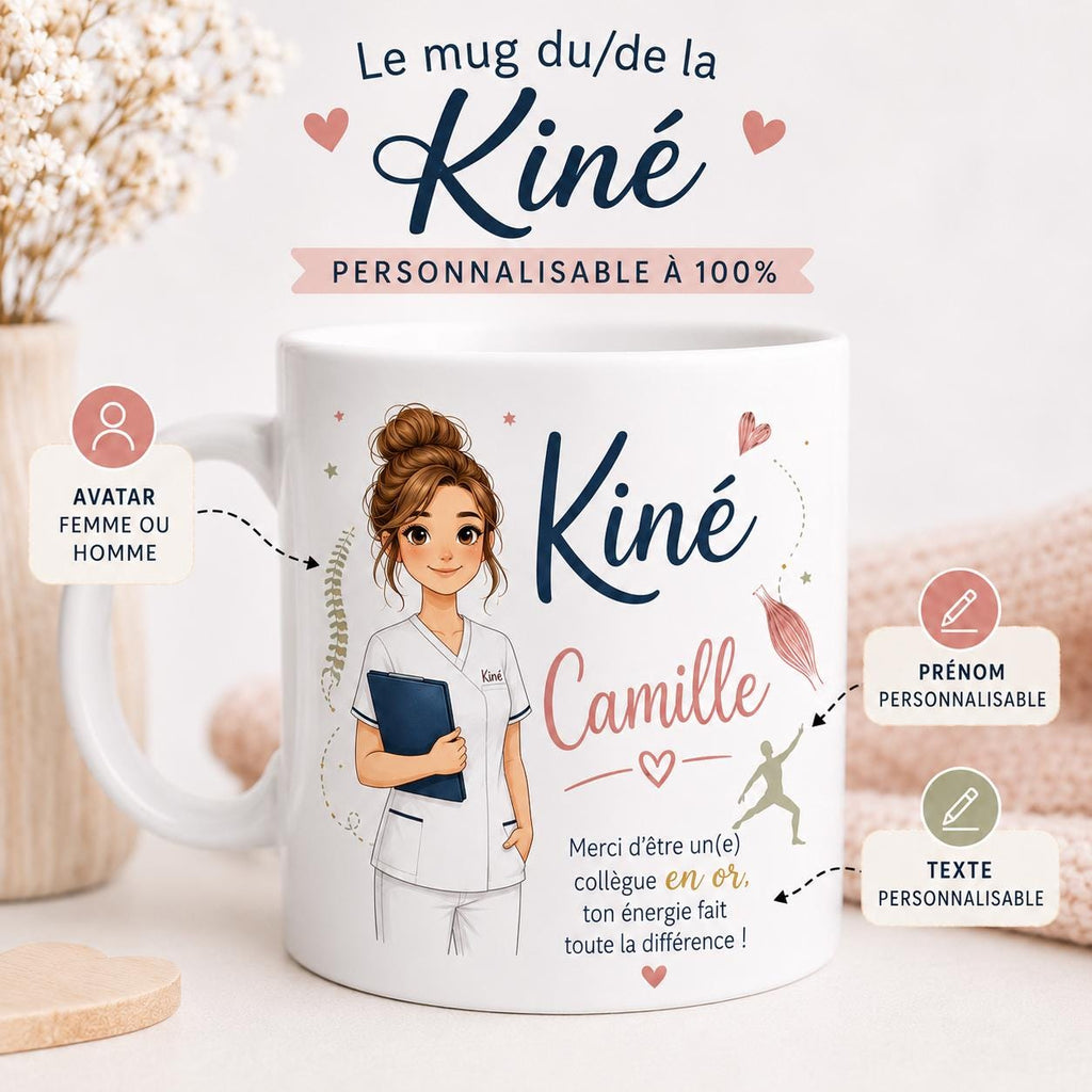 Mug kiné personnalisé avec avatar et prénom – Cadeau kinésithérapeute, collègue ou diplômé