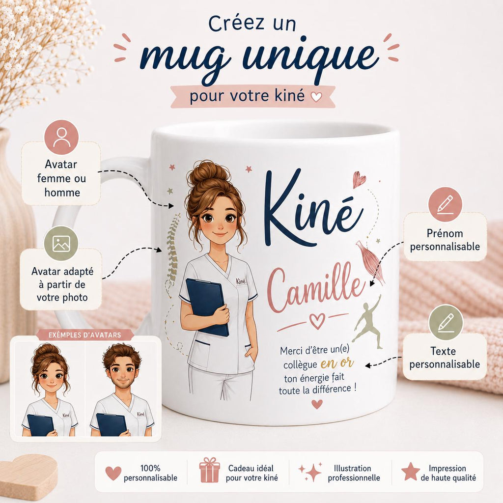 Mug kiné personnalisé avec avatar et prénom – Cadeau kinésithérapeute, collègue ou diplômé