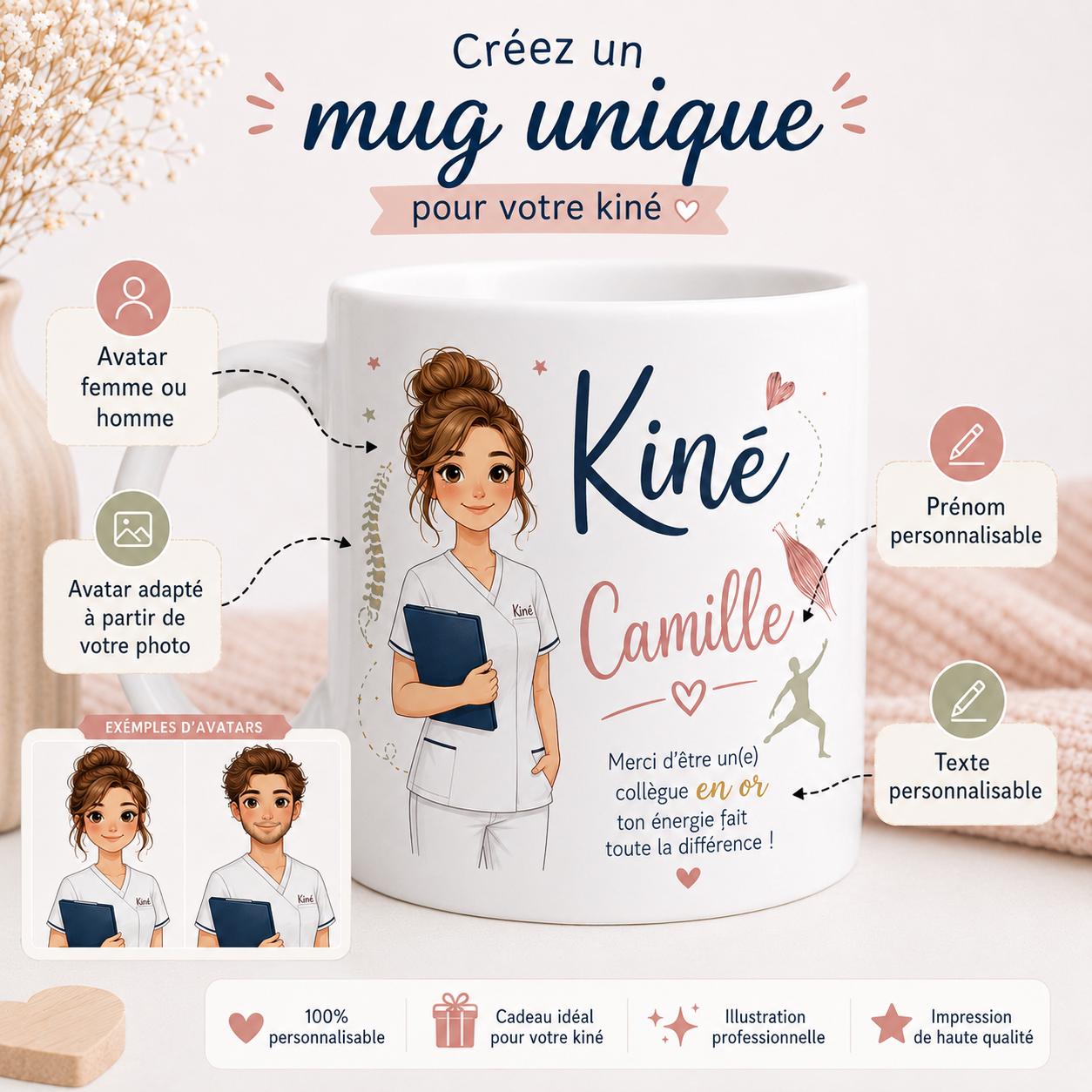 Mug kiné personnalisé avec avatar et prénom – Cadeau kinésithérapeute, collègue ou diplômé