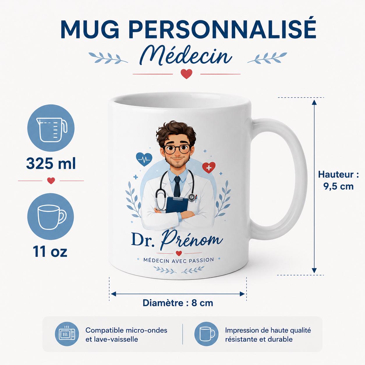 Mug médecin personnalisé avec avatar et prénom – Cadeau docteur, collègue ou diplômé