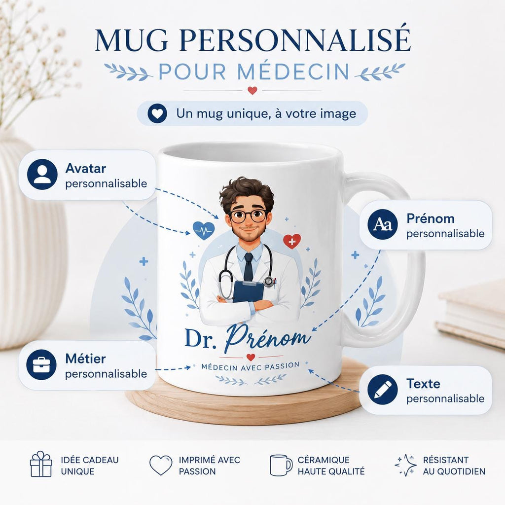 Mug médecin personnalisé avec avatar et prénom – Cadeau docteur, collègue ou diplômé