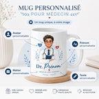 Mug médecin personnalisé avec avatar et prénom – Cadeau docteur, collègue ou diplômé