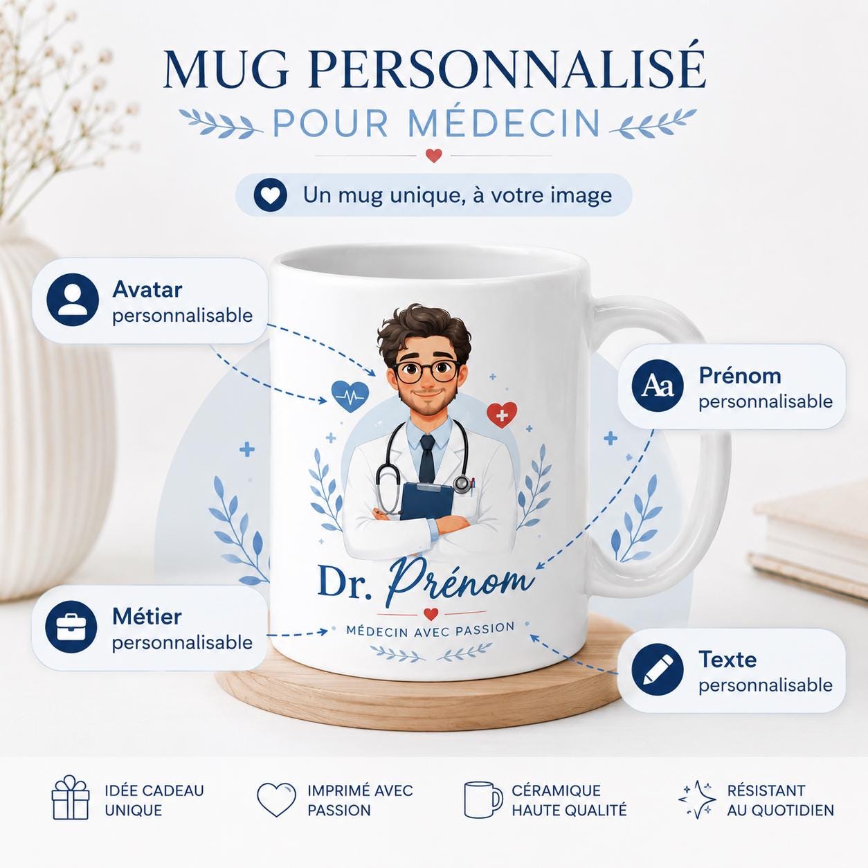 Mug médecin personnalisé avec avatar et prénom – Cadeau docteur, collègue ou diplômé