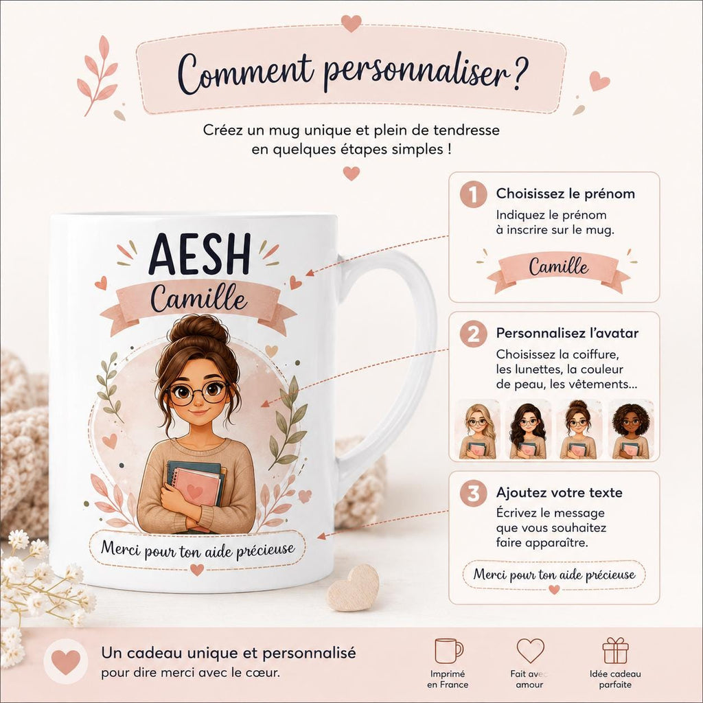 Mug AESH personnalisé avec avatar et prénom – Cadeau accompagnant scolaire
