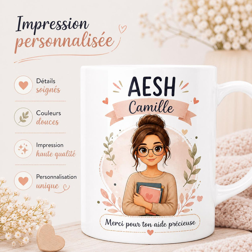 Mug AESH personnalisé avec avatar et prénom – Cadeau accompagnant scolaire