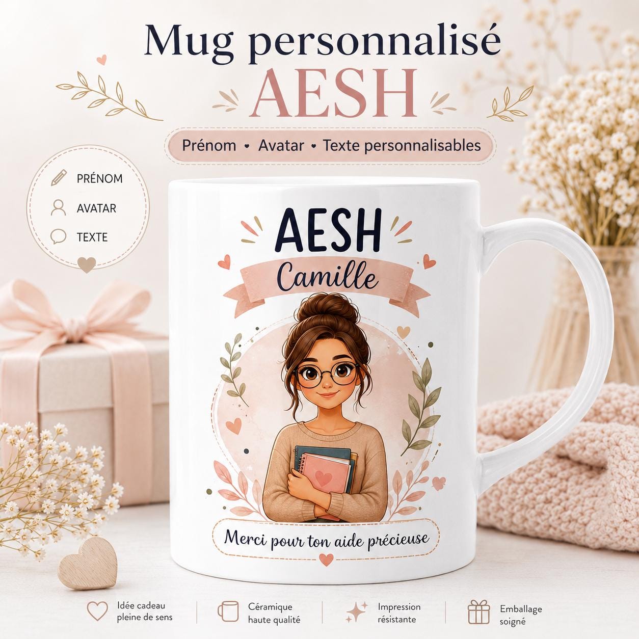 Mug AESH personnalisé avec avatar et prénom – Cadeau accompagnant scolaire