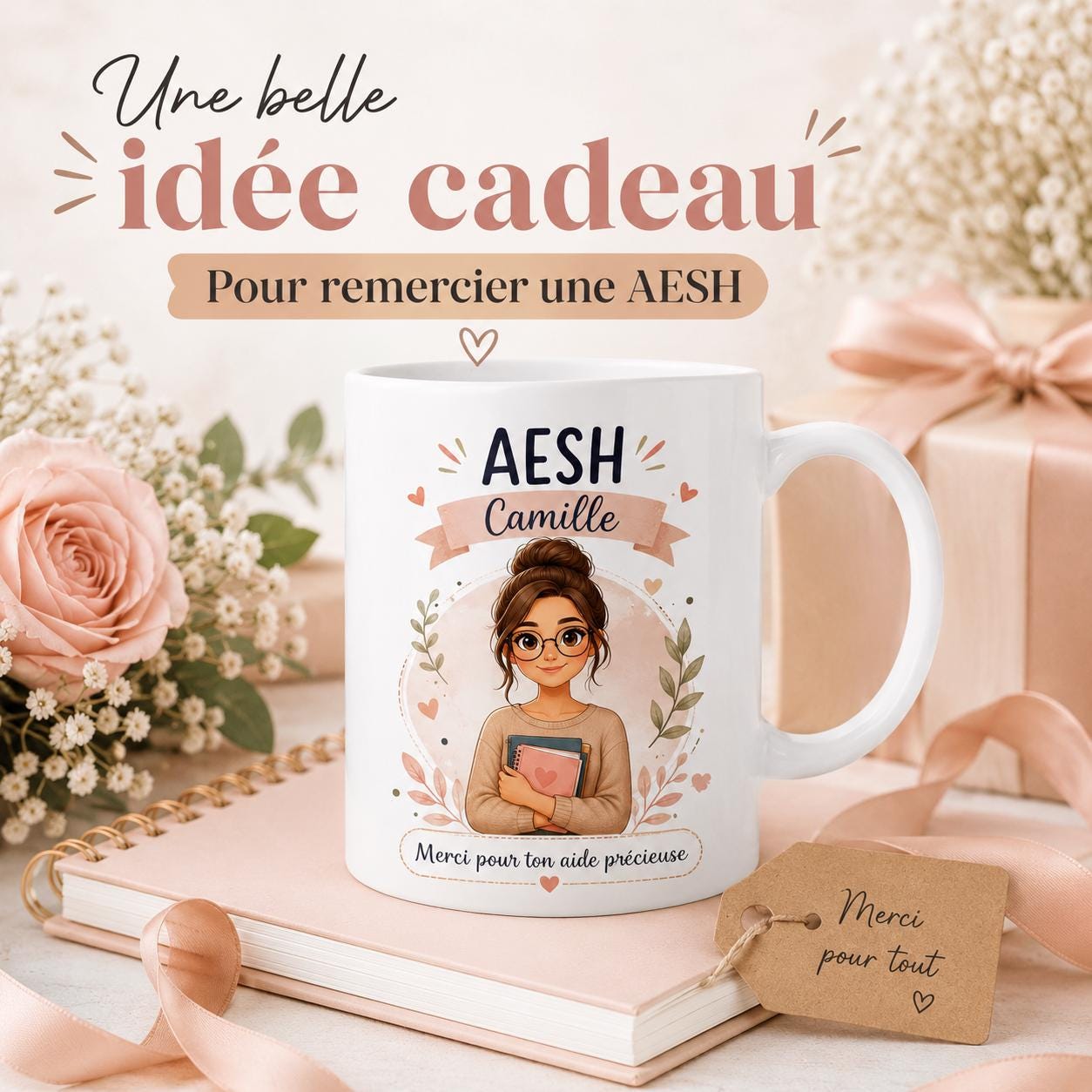 Mug AESH personnalisé avec avatar et prénom – Cadeau accompagnant scolaire