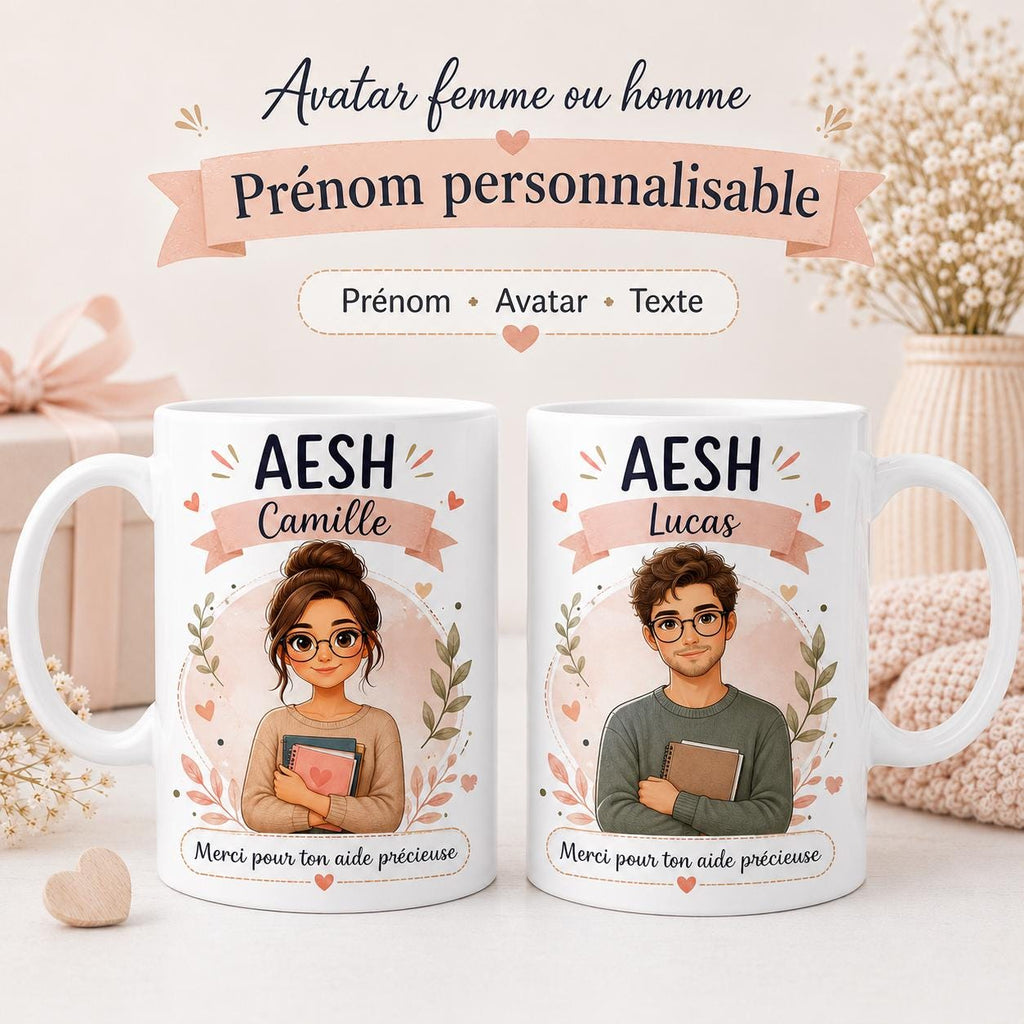Mug AESH personnalisé avec avatar et prénom – Cadeau accompagnant scolaire