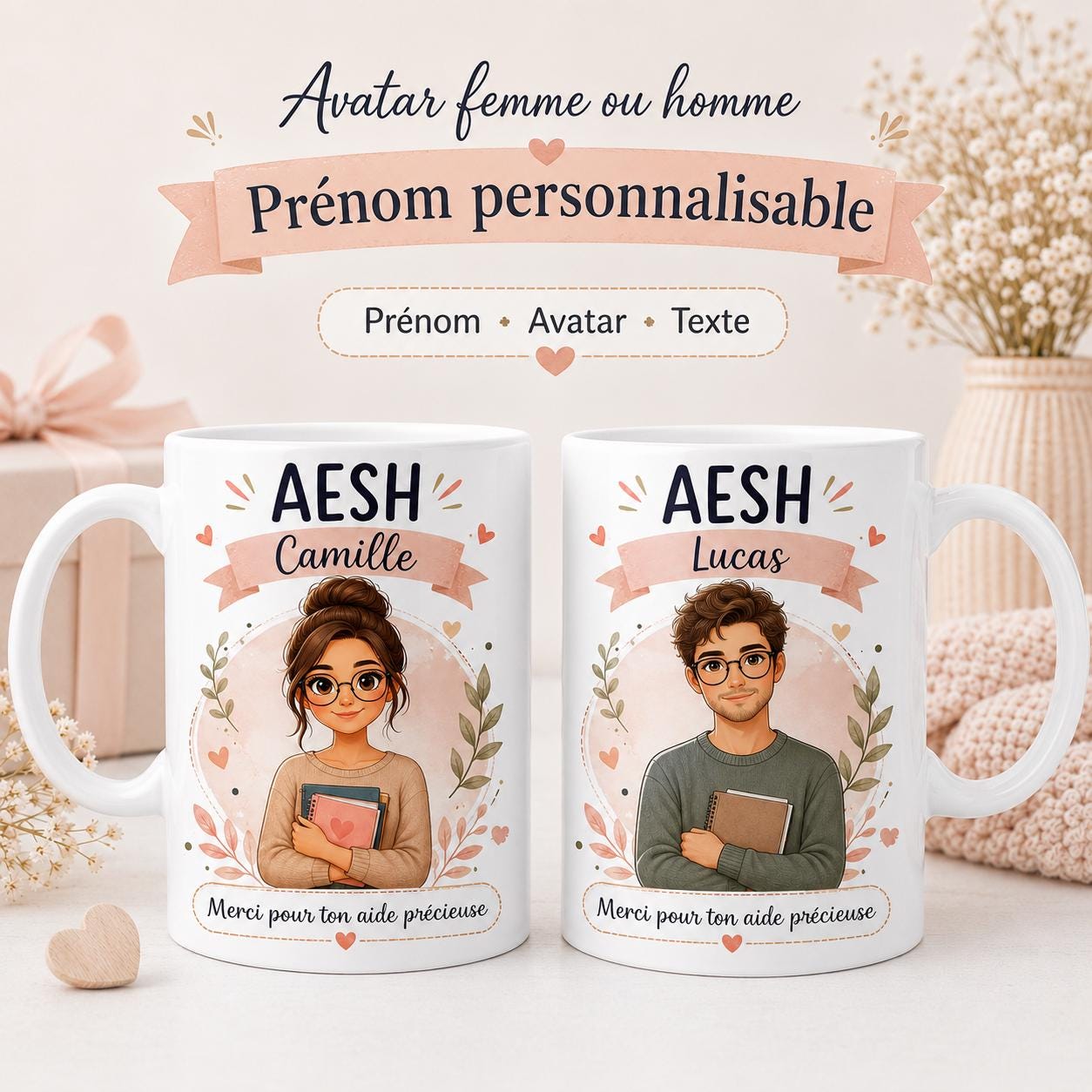 Mug AESH personnalisé avec avatar et prénom – Cadeau accompagnant scolaire