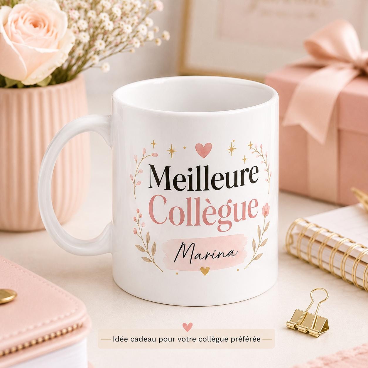 Mug meilleure collègue personnalisé avec prénom – Cadeau collègue en or, départ ou anniversaire