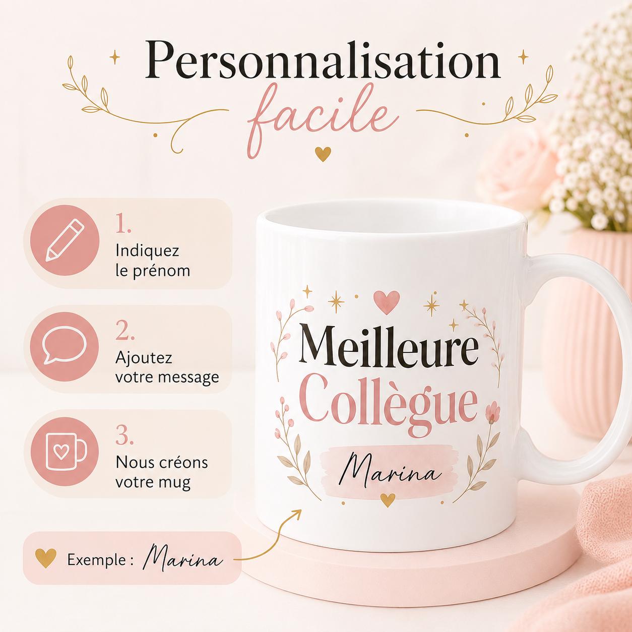 Mug meilleure collègue personnalisé avec prénom – Cadeau collègue en or, départ ou anniversaire