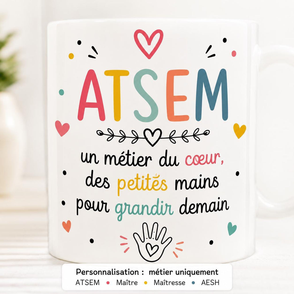 Mug ATSEM personnalisé avec avatar et prénom – Cadeau fin d’année école maternelle