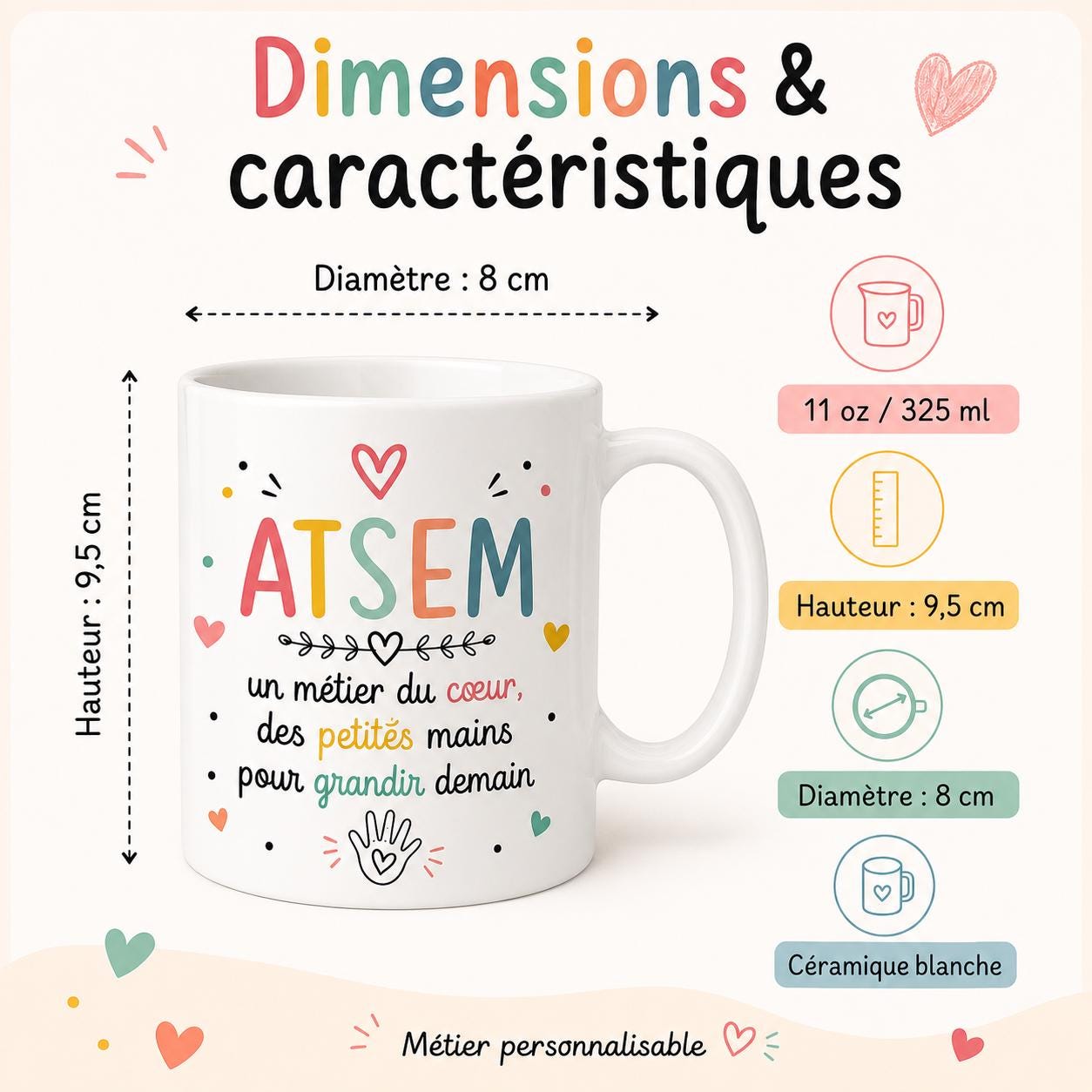 Mug ATSEM personnalisé avec avatar et prénom – Cadeau fin d’année école maternelle