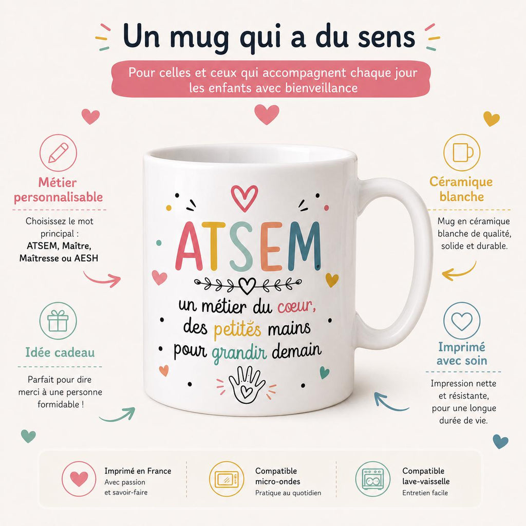 Mug ATSEM personnalisé avec avatar et prénom – Cadeau fin d’année école maternelle