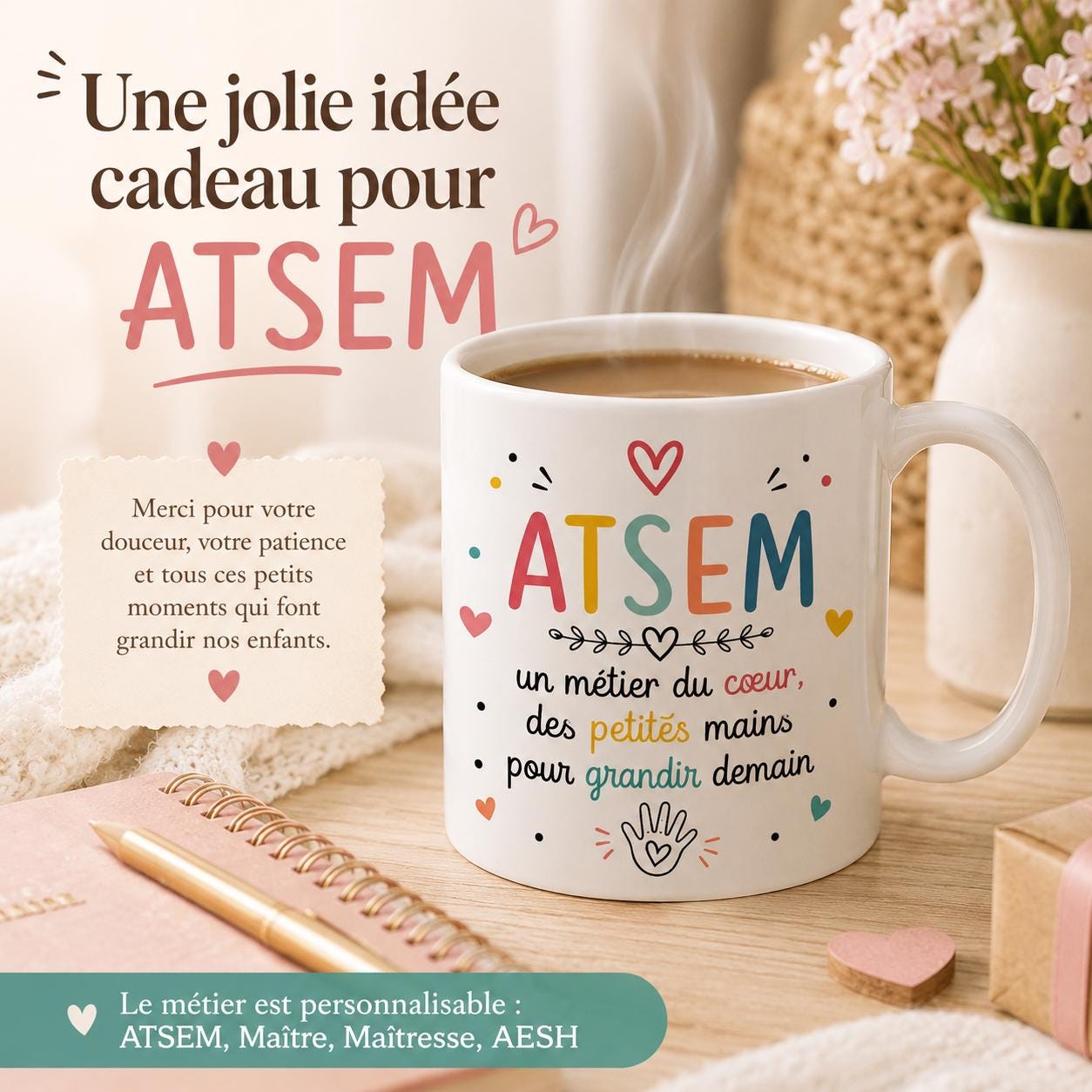 Mug ATSEM personnalisé avec avatar et prénom – Cadeau fin d’année école maternelle