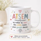 Mug ATSEM personnalisé avec avatar et prénom – Cadeau fin d’année école maternelle