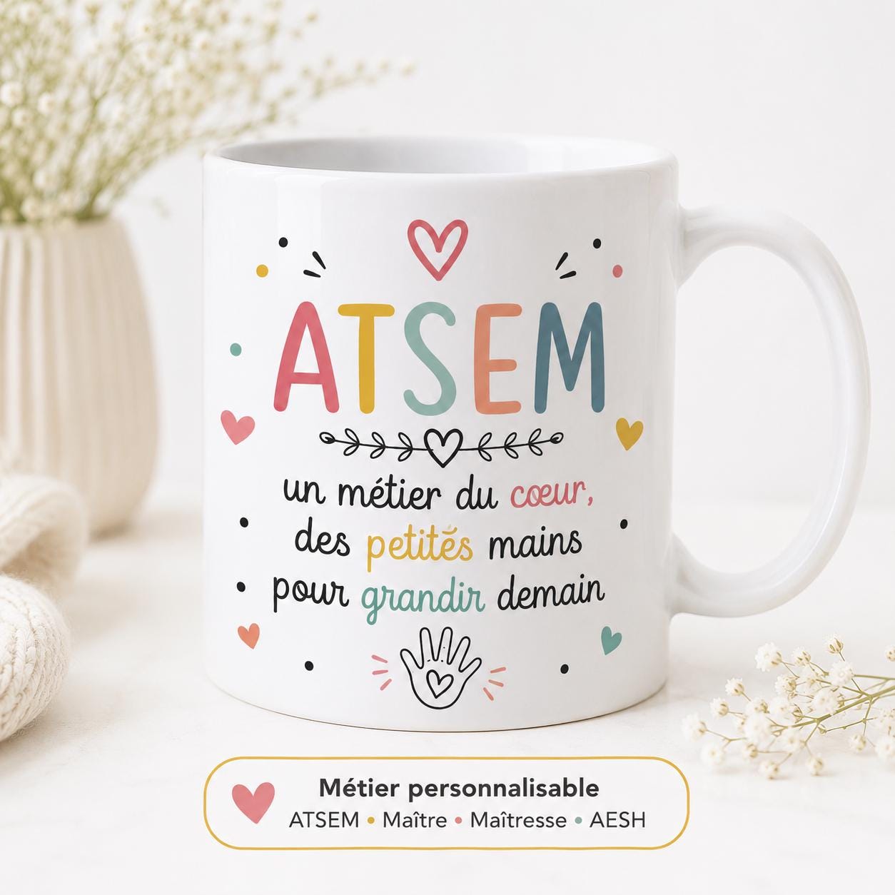 Mug ATSEM personnalisé avec avatar et prénom – Cadeau fin d’année école maternelle