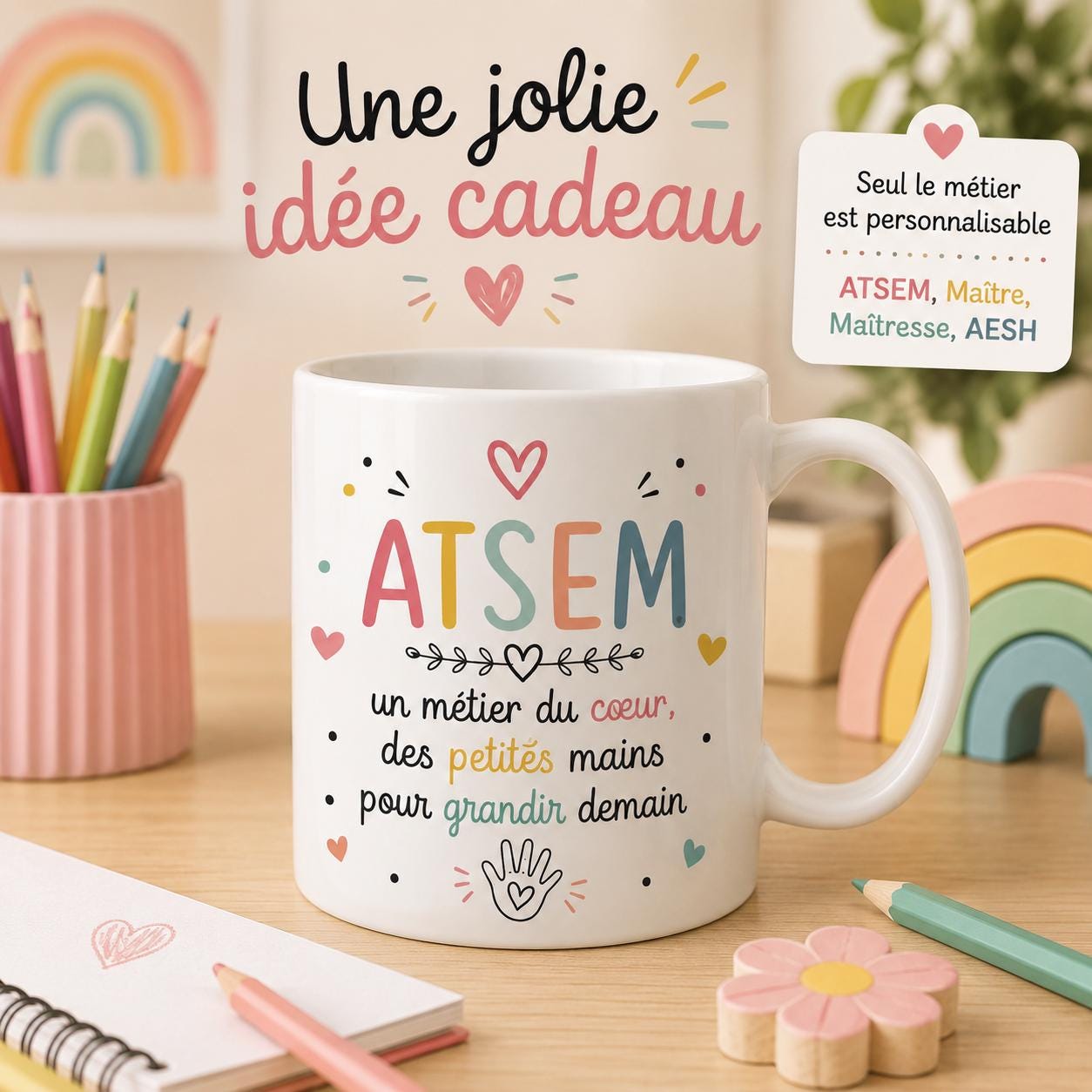 Mug ATSEM personnalisé avec avatar et prénom – Cadeau fin d’année école maternelle