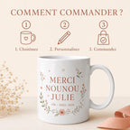 Mug nounou personnalisé fin de contrat, cadeau merci nounou, tasse prénom enfant, souvenir assistante maternelle