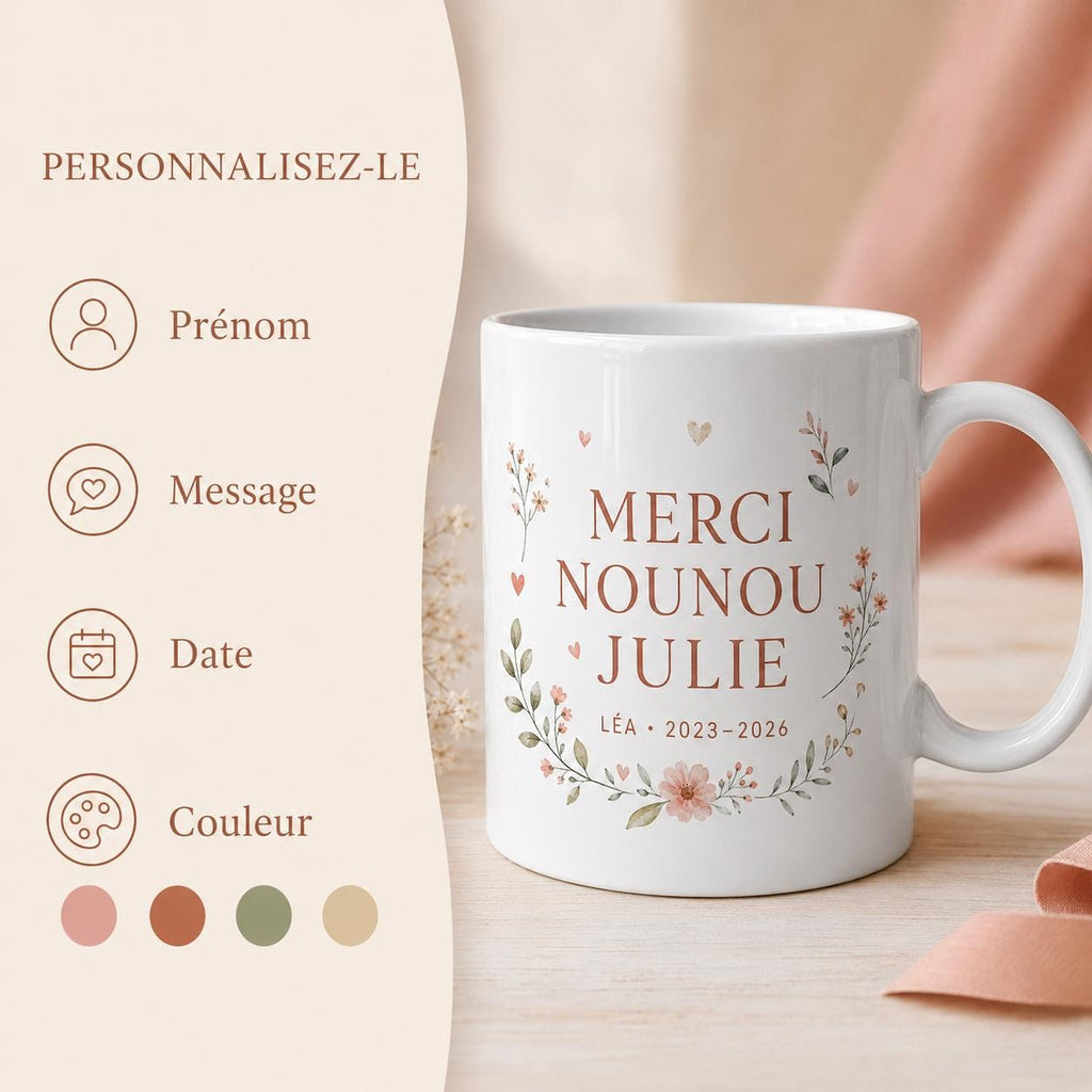 Mug nounou personnalisé fin de contrat, cadeau merci nounou, tasse prénom enfant, souvenir assistante maternelle