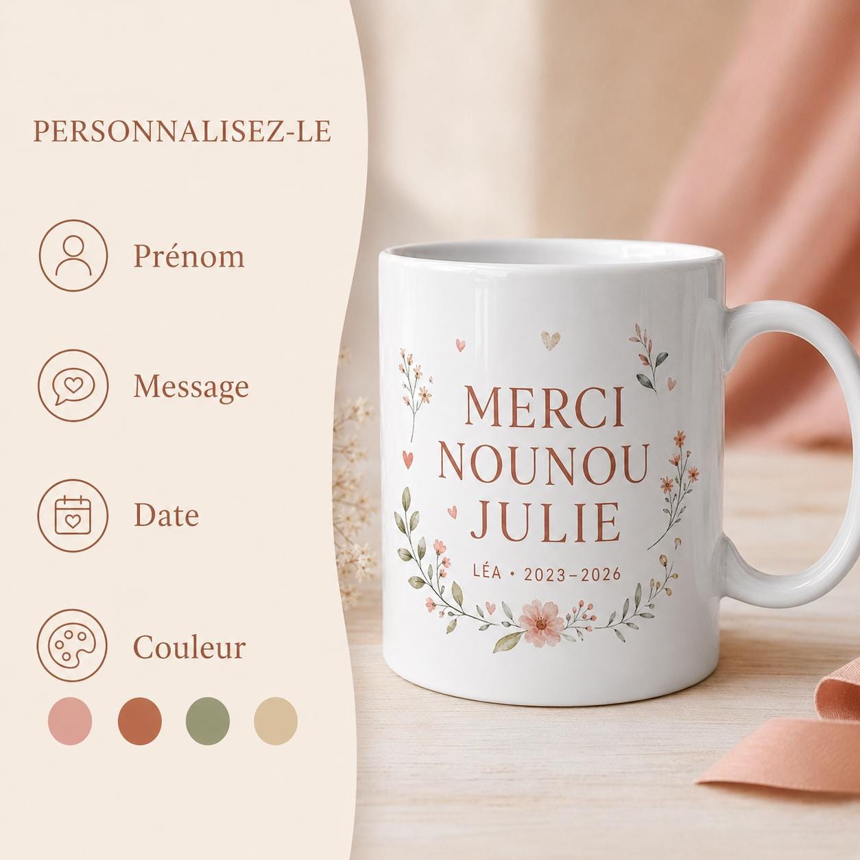 Mug nounou personnalisé fin de contrat, cadeau merci nounou, tasse prénom enfant, souvenir assistante maternelle